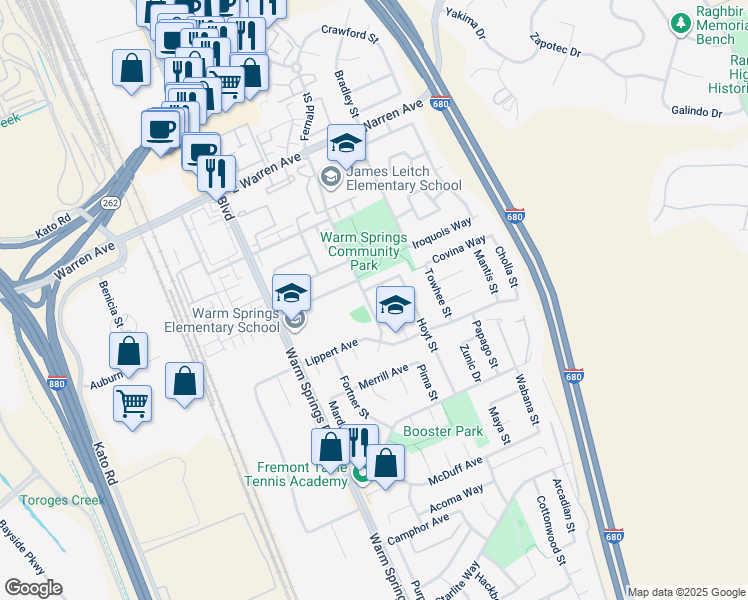 map of restaurants, bars, coffee shops, grocery stores, and more near 304 Morengo Way in Fremont