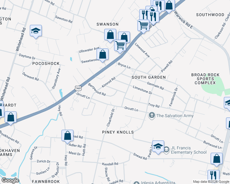 map of restaurants, bars, coffee shops, grocery stores, and more near 5613 Heywood Road in Richmond