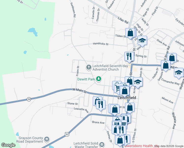map of restaurants, bars, coffee shops, grocery stores, and more near 301 Sunbeam Road in Leitchfield