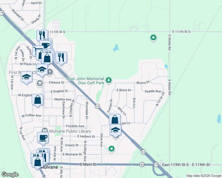 map of restaurants, bars, coffee shops, grocery stores, and more near 801 Tristan Drive in Mulvane