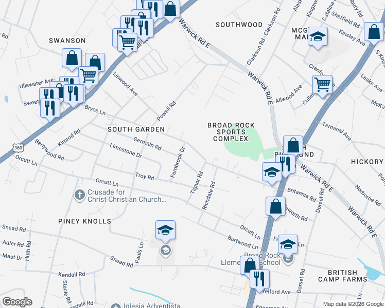map of restaurants, bars, coffee shops, grocery stores, and more near 5225 Bryce Lane in Richmond