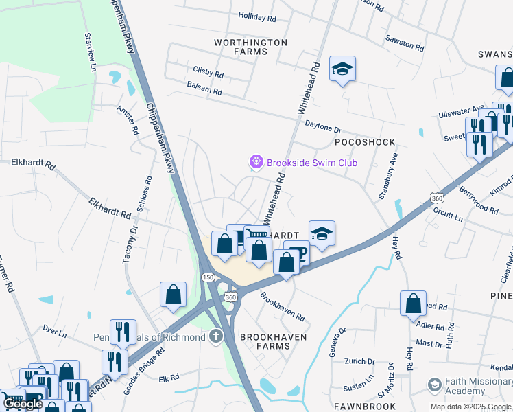 map of restaurants, bars, coffee shops, grocery stores, and more near 1404 Ivymount Road in Richmond