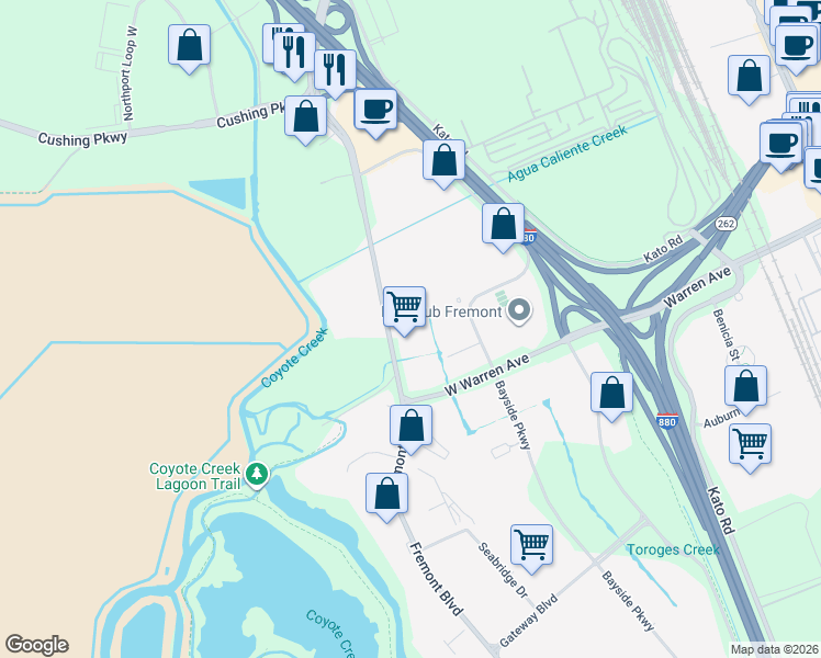map of restaurants, bars, coffee shops, grocery stores, and more near 46560 Fremont Boulevard in Fremont