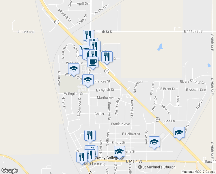 map of restaurants, bars, coffee shops, grocery stores, and more near 226 East English Street in Mulvane