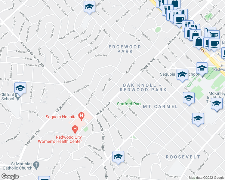 map of restaurants, bars, coffee shops, grocery stores, and more near 937 Arlington Road in Redwood City