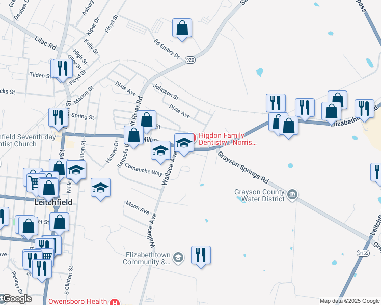 map of restaurants, bars, coffee shops, grocery stores, and more near John L Taylor Drive in Leitchfield