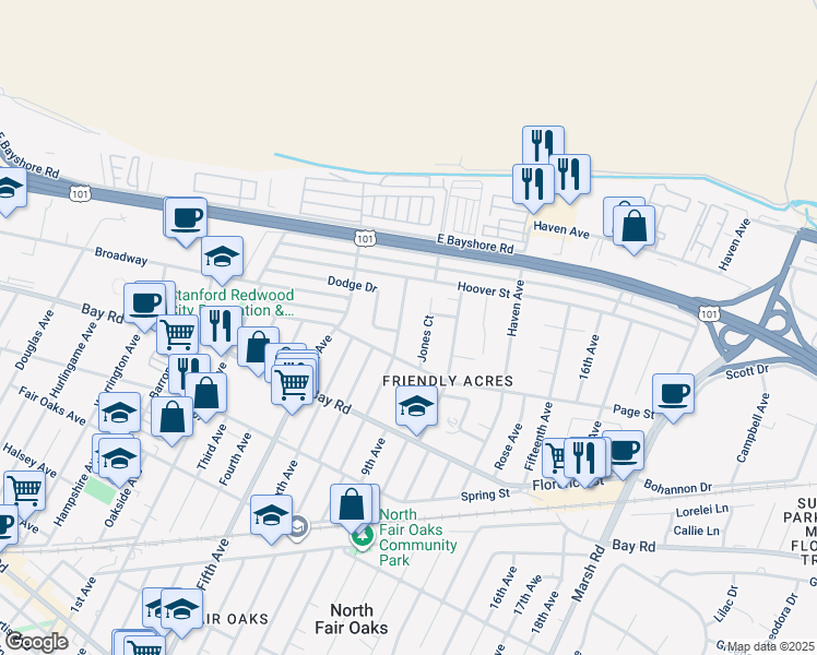 map of restaurants, bars, coffee shops, grocery stores, and more near 1028 Eighth Avenue in Redwood City