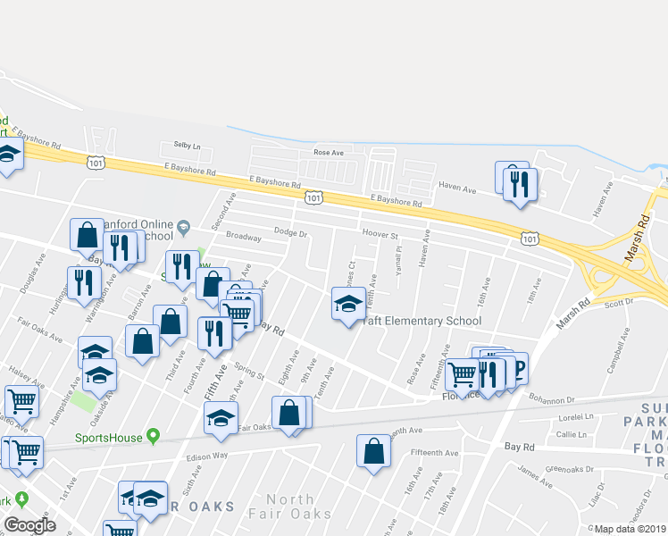 map of restaurants, bars, coffee shops, grocery stores, and more near 1028 Eighth Avenue in Redwood City