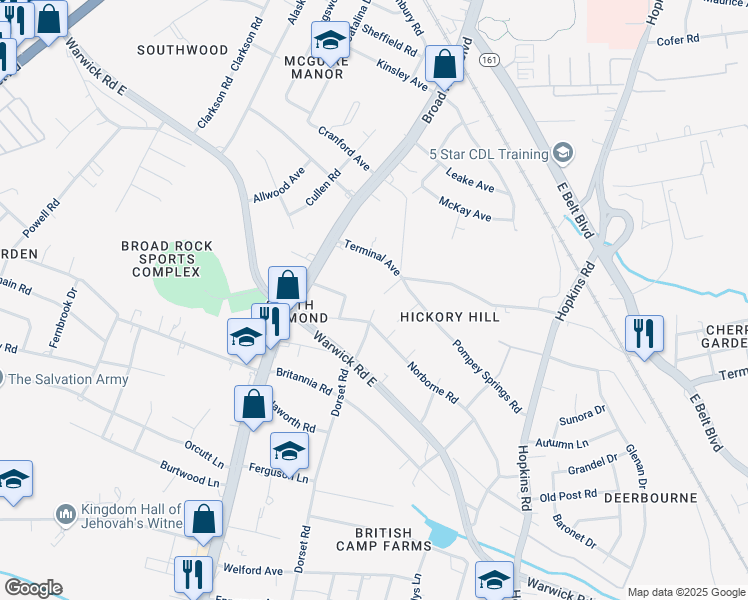 map of restaurants, bars, coffee shops, grocery stores, and more near 4222 Rucker Court in Richmond