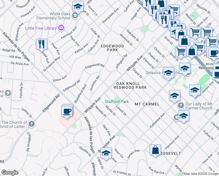 map of restaurants, bars, coffee shops, grocery stores, and more near 2 King Street in Redwood City