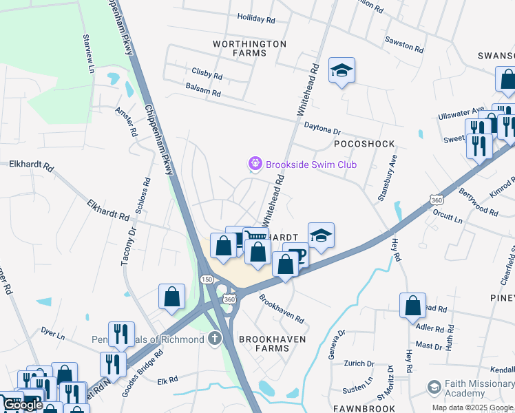 map of restaurants, bars, coffee shops, grocery stores, and more near 1404 Ivymount Road in Richmond