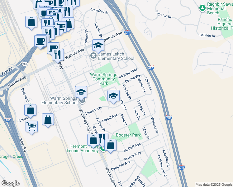 map of restaurants, bars, coffee shops, grocery stores, and more near 47453 Hoyt Street in Fremont