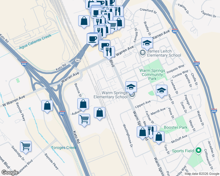 map of restaurants, bars, coffee shops, grocery stores, and more near 47224 Mission Falls Court in Fremont