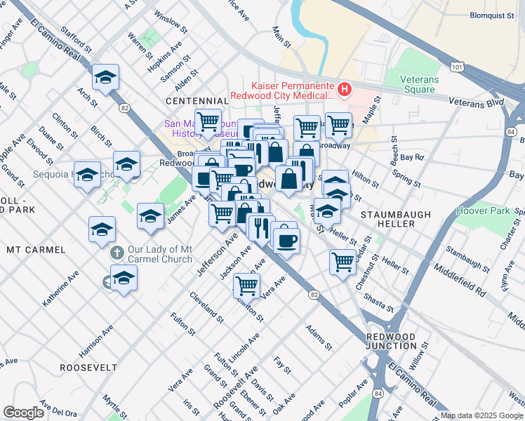 map of restaurants, bars, coffee shops, grocery stores, and more near 1033 Jefferson Avenue in Redwood City
