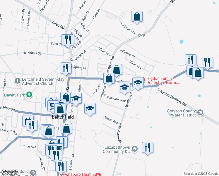 map of restaurants, bars, coffee shops, grocery stores, and more near 115 Sequoia Drive in Leitchfield