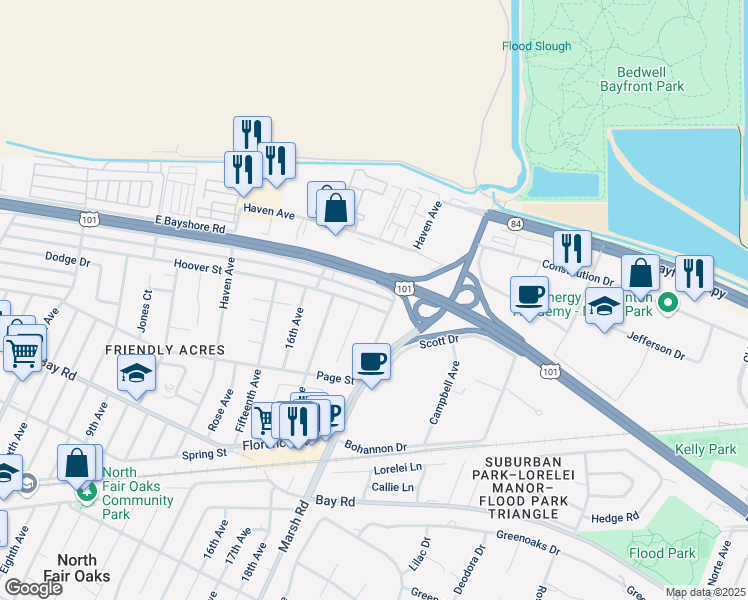 map of restaurants, bars, coffee shops, grocery stores, and more near 3779 Hoover Street in Redwood City