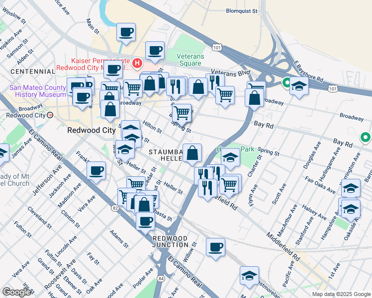 map of restaurants, bars, coffee shops, grocery stores, and more near 639 Pine St in Redwood City