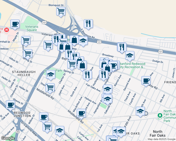 map of restaurants, bars, coffee shops, grocery stores, and more near 855 Douglas Avenue in Redwood City
