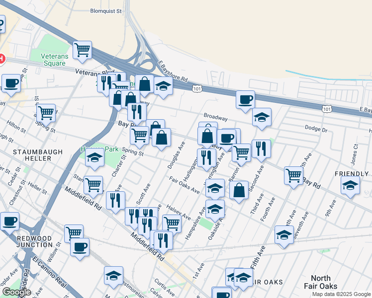 map of restaurants, bars, coffee shops, grocery stores, and more near 874 Douglas Avenue in Redwood City