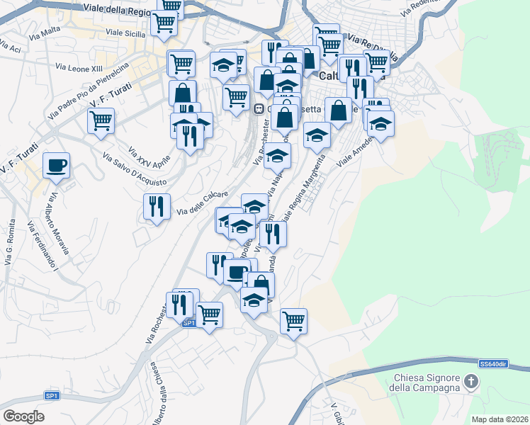map of restaurants, bars, coffee shops, grocery stores, and more near 210 Via Colajanni Napoleone in Caltanissetta