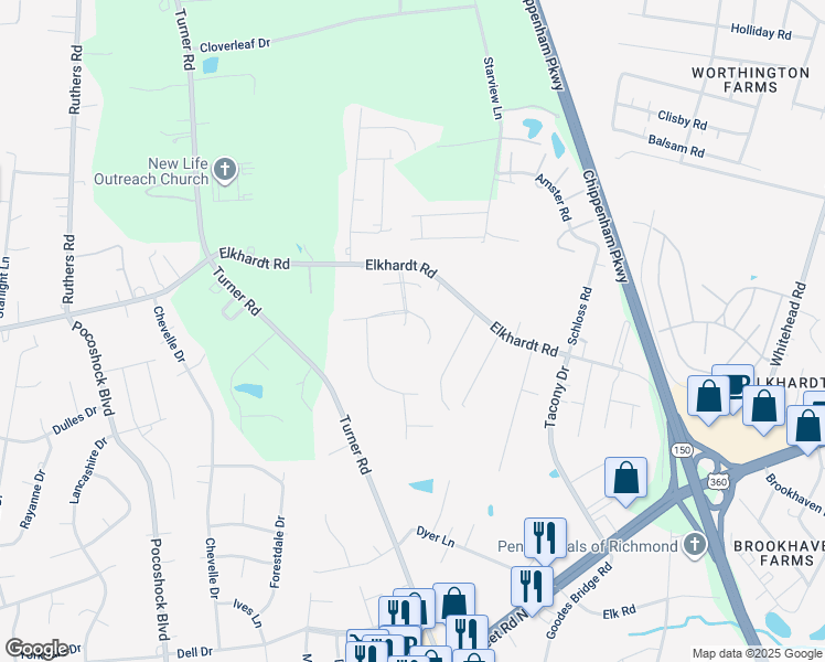 map of restaurants, bars, coffee shops, grocery stores, and more near 1607 Andersons Forge Drive in Richmond