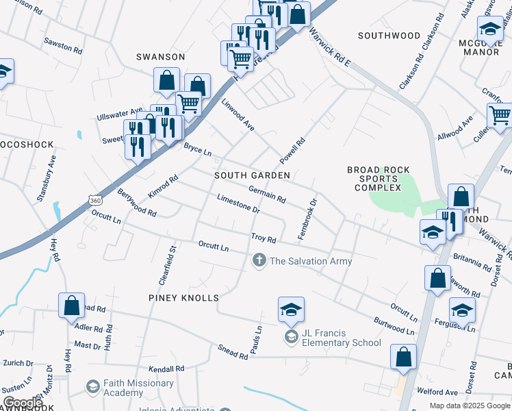 map of restaurants, bars, coffee shops, grocery stores, and more near 5400 Limestone Drive in Richmond