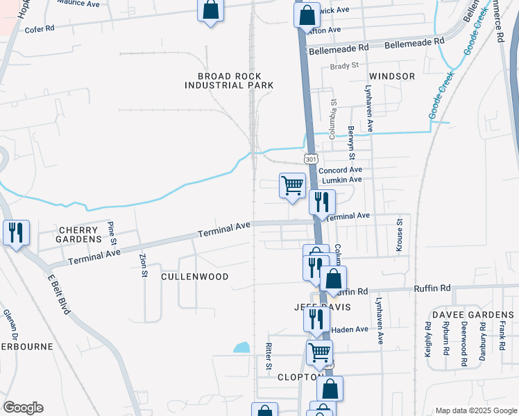 map of restaurants, bars, coffee shops, grocery stores, and more near 2712 Cheatham Street in Richmond