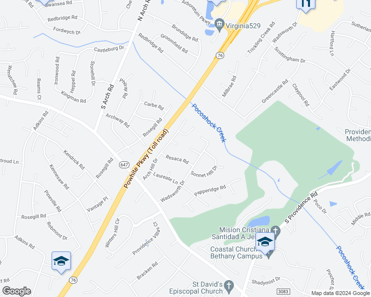 map of restaurants, bars, coffee shops, grocery stores, and more near 9021 Archwind Court in Richmond