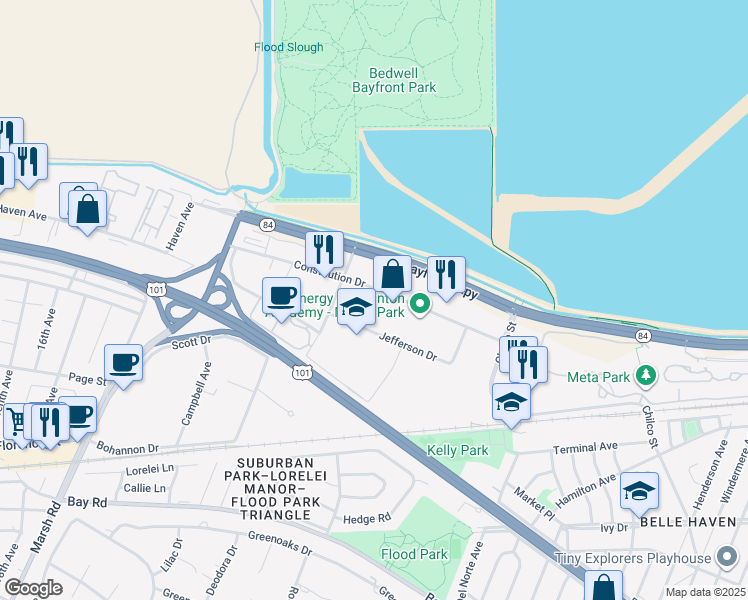 map of restaurants, bars, coffee shops, grocery stores, and more near 172 Constitution Drive in Menlo Park