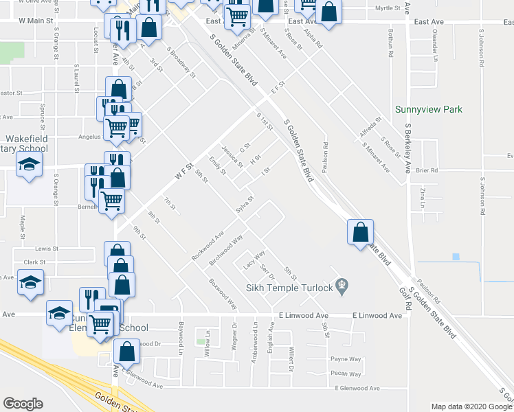 map of restaurants, bars, coffee shops, grocery stores, and more near 441 Pinewood Street in Turlock