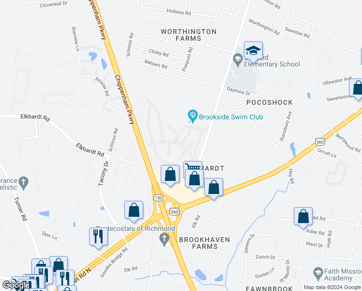 map of restaurants, bars, coffee shops, grocery stores, and more near 6540 Elmbridge Road in Richmond