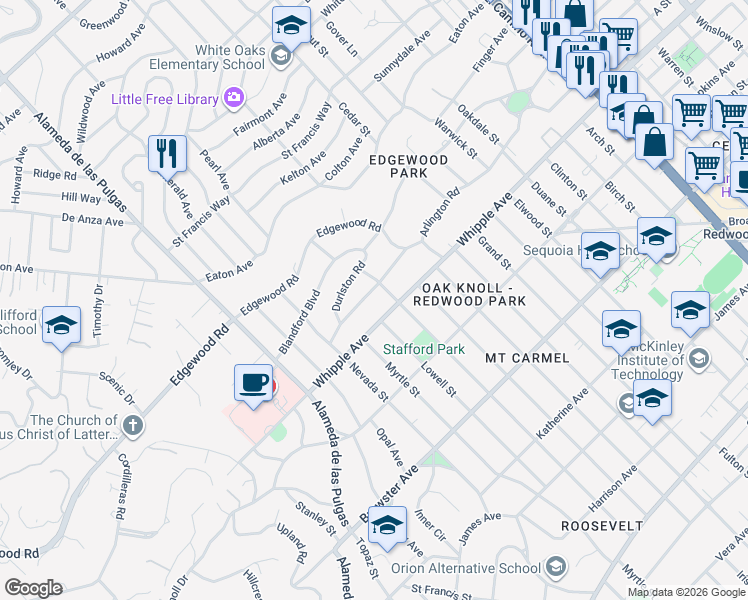 map of restaurants, bars, coffee shops, grocery stores, and more near 937 Arlington Road in Redwood City