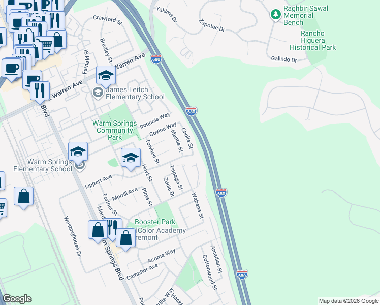 map of restaurants, bars, coffee shops, grocery stores, and more near 47497 Cholla Street in Fremont