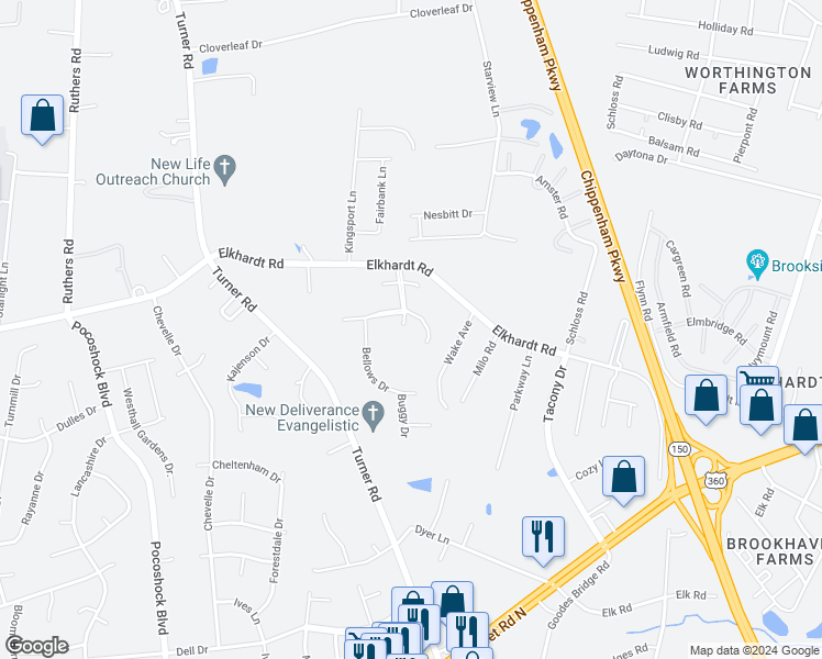 map of restaurants, bars, coffee shops, grocery stores, and more near 1607 Andersons Forge Drive in Richmond