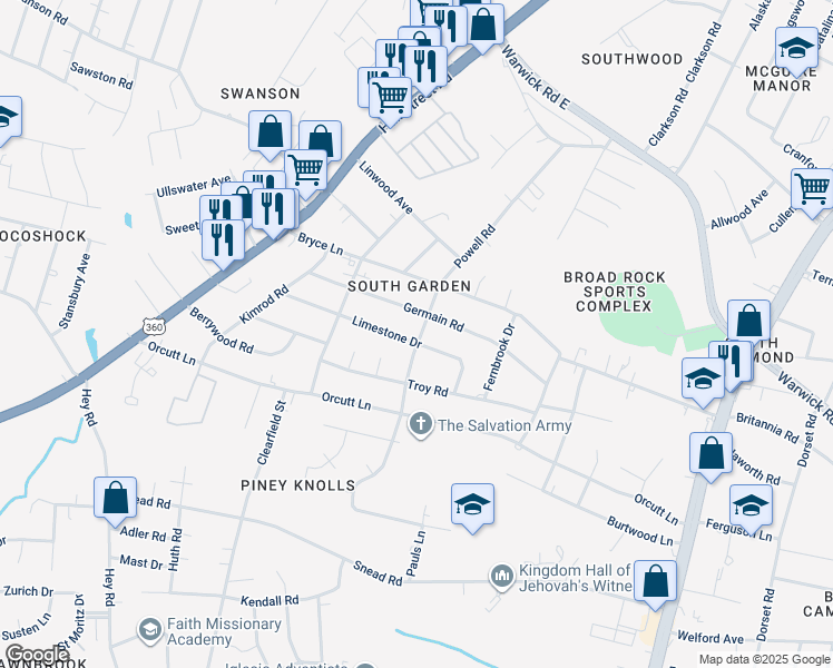 map of restaurants, bars, coffee shops, grocery stores, and more near 5400 Limestone Drive in Richmond
