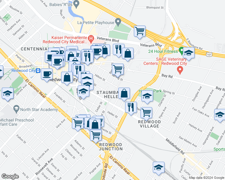 map of restaurants, bars, coffee shops, grocery stores, and more near 603 Stambaugh Street in Redwood City