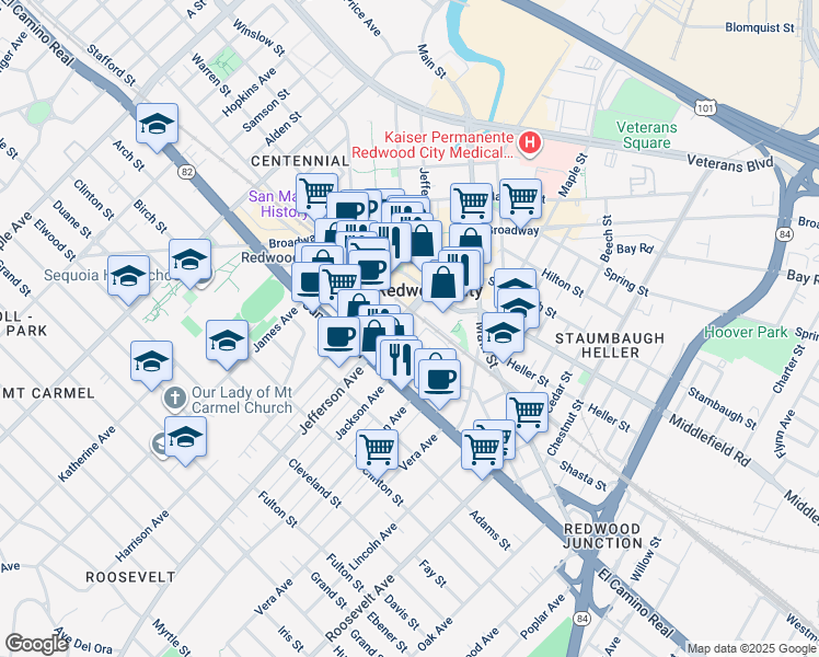 map of restaurants, bars, coffee shops, grocery stores, and more near 1033 Jefferson Avenue in Redwood City