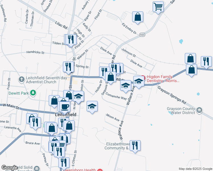 map of restaurants, bars, coffee shops, grocery stores, and more near 115 Sequoia Drive in Leitchfield