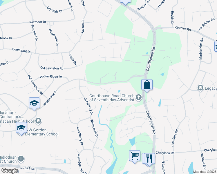 map of restaurants, bars, coffee shops, grocery stores, and more near 11006 May Apple Terrace in Richmond