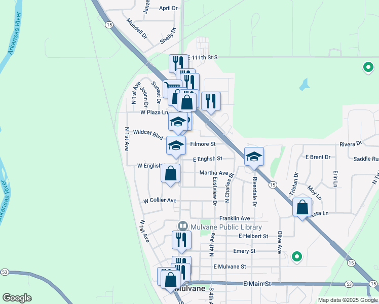 map of restaurants, bars, coffee shops, grocery stores, and more near 916 North 2nd Avenue in Mulvane