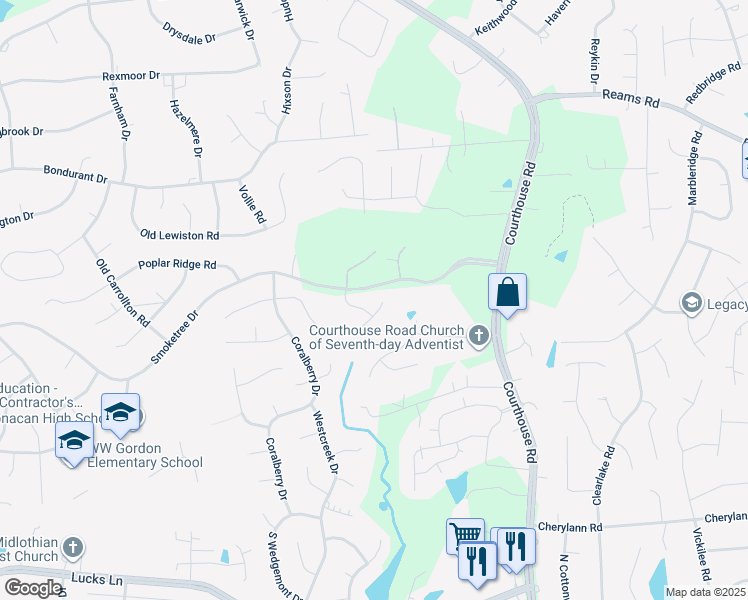 map of restaurants, bars, coffee shops, grocery stores, and more near 11006 May Apple Terrace in Richmond