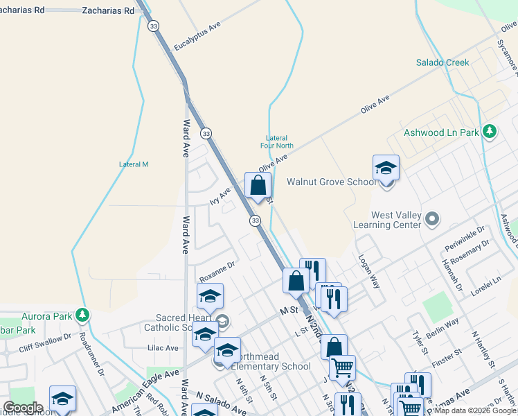 map of restaurants, bars, coffee shops, grocery stores, and more near 138 Olive Avenue in Patterson