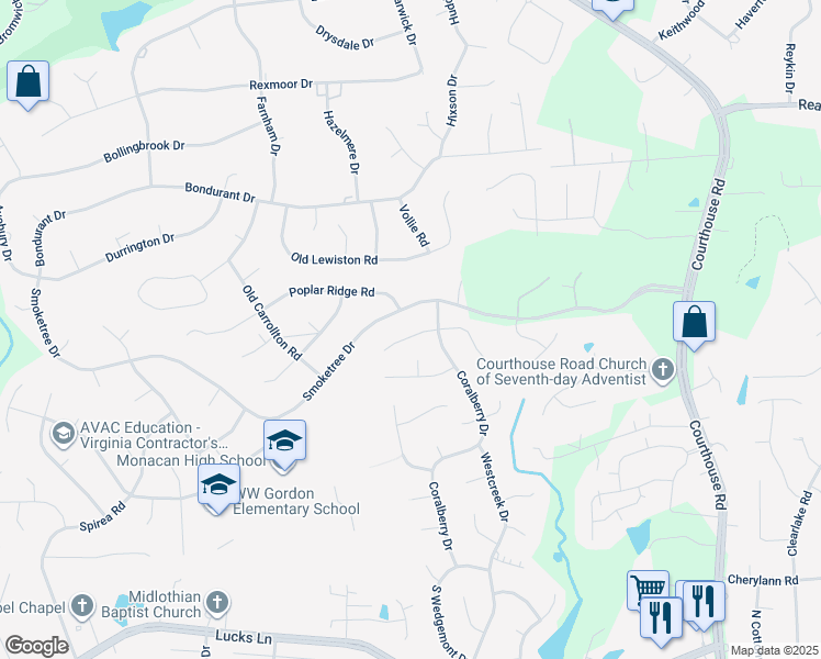 map of restaurants, bars, coffee shops, grocery stores, and more near 11318 Lady Slipper Lane in Richmond