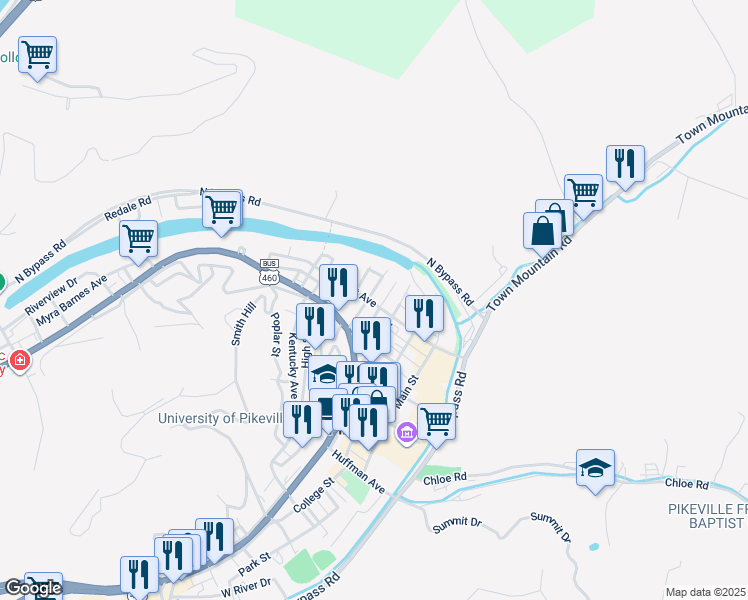 map of restaurants, bars, coffee shops, grocery stores, and more near 172 Scott Avenue in Pikeville