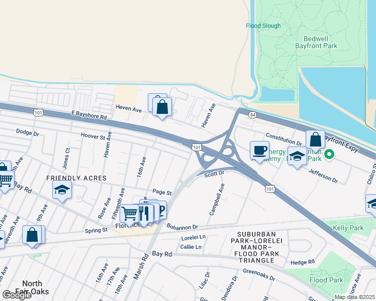 map of restaurants, bars, coffee shops, grocery stores, and more near 3786 Rolison Road in Redwood City