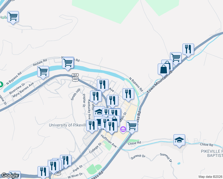 map of restaurants, bars, coffee shops, grocery stores, and more near 172 Scott Avenue in Pikeville