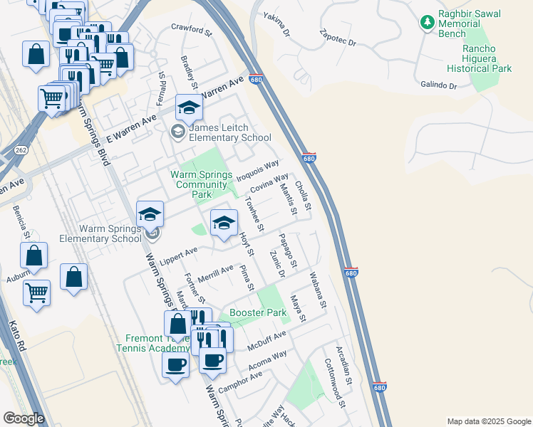 map of restaurants, bars, coffee shops, grocery stores, and more near 737 Towhee Court in Fremont