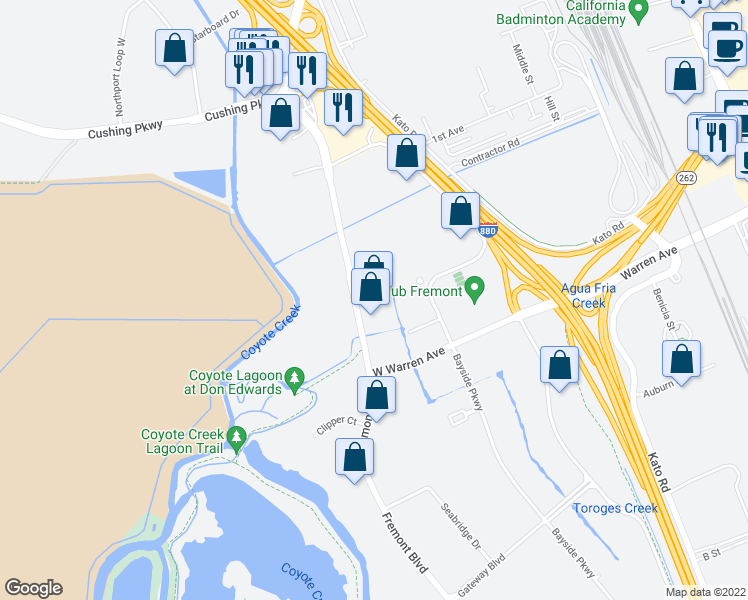 map of restaurants, bars, coffee shops, grocery stores, and more near 46560 Fremont Boulevard in Fremont