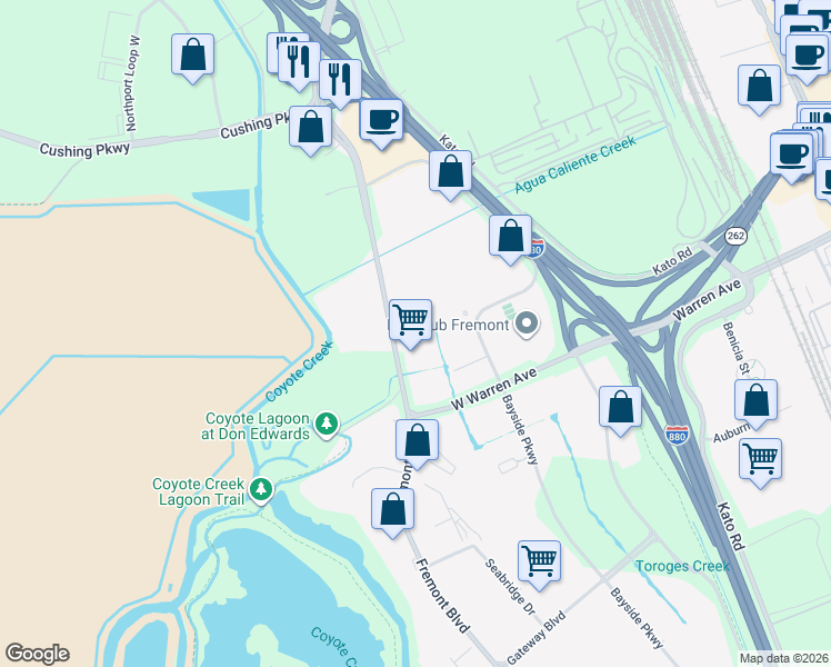 map of restaurants, bars, coffee shops, grocery stores, and more near 46560 Fremont Boulevard in Fremont