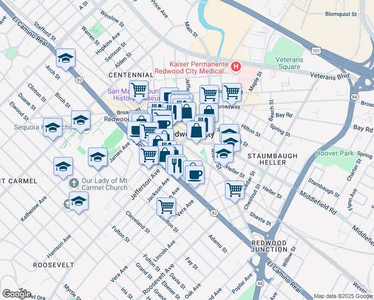 map of restaurants, bars, coffee shops, grocery stores, and more near 1033 Jefferson Avenue in Redwood City